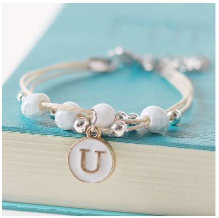 Fashion Ceramics Beads Letters A-Z Bracelet Elastic Chain Bangle Women Men Couple Jewelry Gifts U