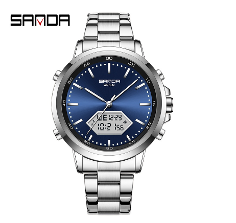 Sanda Waterproof Round Men's Fashion Quartz Watch Stainless Steel Strap Outdoor Watch  SILVER BLUE STEEL STRAP