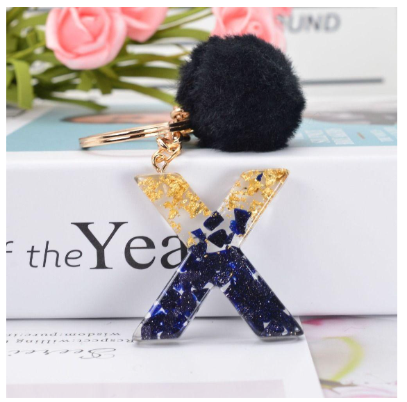 Lanfy Black Pompom Letter Keychain 26 Letter Initials Alphabet A To Z 26 Alphabet Keyring Cute A To Z 26 Black Pompom Resin Birthday Gifts X
