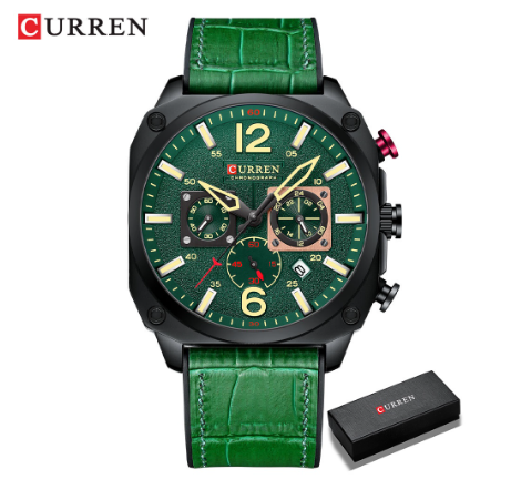 Curren Men's Watches Fashion Casual Quartz Sporty Wristwatches 2021 Male Chronograph Leather Luminous Waterproof Watch GREEN