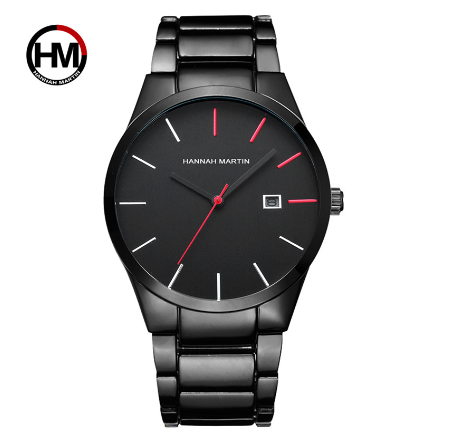 Hannah Martin Watch for Men Stainless Steel Band Quartz Watches Waterproof Watch BLACK RED