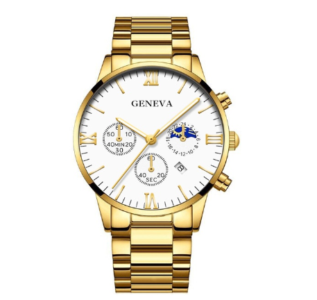 GENEVA High Quality Luxury Silver Mens Full Steel Business Quartz Wacthes Mens Original Waterproof Fashion Wristwatch Men Watch Relo GOLD WHITE