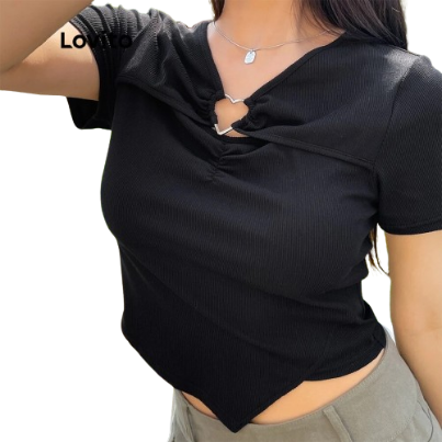 Lovito Casual Heart Frill Metal Accessories T-Shirt for Women L47AD006 (Black)
