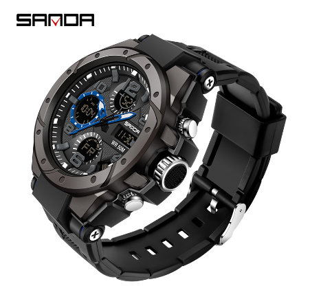 Sanda Waterproof Movement Men Watches Multifunctional Sports Luxury Quartz Men Night Light Swimming LED Men's Watch BLUE