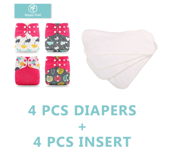 Happyflute 4Pcs Pocket Diapers Plus 4 Pcs Microfiber Insert Reusable Washable Ecological Cloth Diaper Fit 3 15kg Baby Set 16
