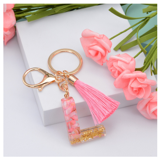 Pink Tassel Gold Foil 26 Letter Pendent Keychain for Women Resin Keyrings Girls Bag Ornamant Accessories Gifts L