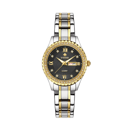 Wwoor Luxury Women Watches Waterproof Quartz Wristwatch Analog Clock Stainless Steel Strap Ladies Watch  BLACK DIAL TWO TONE