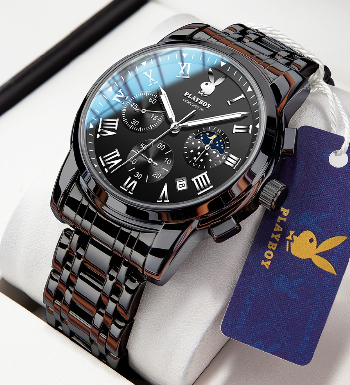 Playboy Watch For Men Waterproof Luminous Chronograph Date Display Stainless Steel Strap Classic Trendy Men's Watch