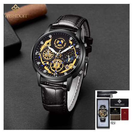 WISHDOIT Watch for Men Original Waterproof Stainless Steel Multifunction Chronograph Calendar Luminous Business Fashion Watch   BLACK A