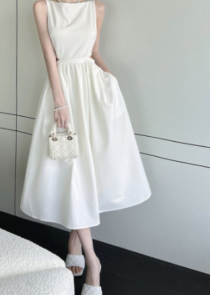 Casual Plain Draped Cut Out Sleeveless Dress for Women (white)