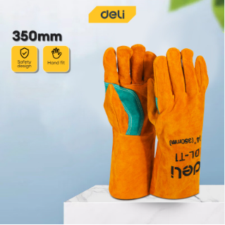 Deli 14" Protective Gloves Cowhide Suede Leather Gloves Welding Gloves Anti-fire/Anti-Cut DL-T1