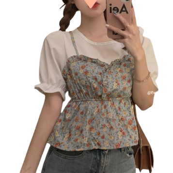 Lovito Casual Ditsy Floral Lettuce Trim Puff Sleeve Blouse for Women LNA04029 (Blue)