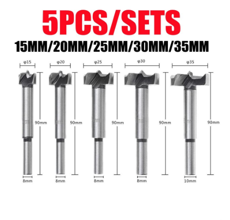 Forstner 5PCS Carbon Steel Boring Drill Bits Woodworking Hole Saw Tungsten Carbide Wood Cutter Set