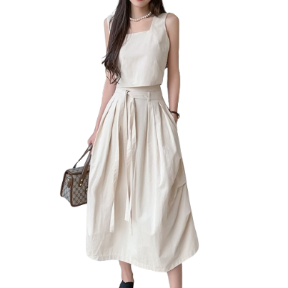 Lovito Women Pocket Belted Pleated Skirt Sets LNE24140 (Apricot)
