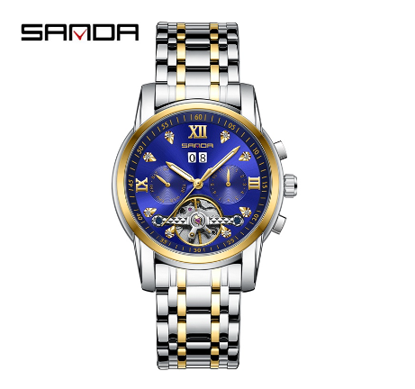 Sanda Official Fully Automatic Mechanical Steel Band Watch Fashion Hollow-out Men's Luminous Swimming Watch GOLD BLUE
