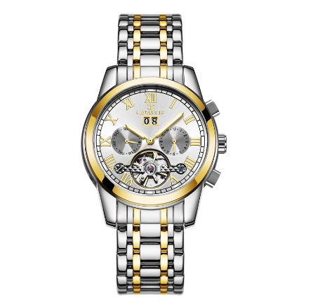 CAROTIF Automatic Tourbillon Watch for Men - Gold Skeleton Luxury Stainless Steel Calendar F6002C 9