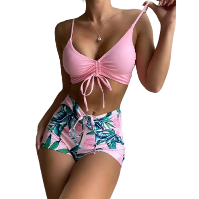 Lovito Women Boho Plain Drawstring Lace Up Bikini Sets LNL46240 (Pink)