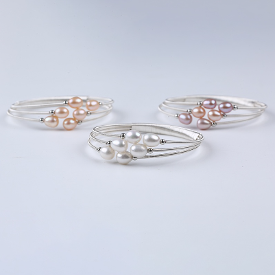 Freshwater Rice Pearl Bead Wire Wrapped Silver Color Adjustable Cuff