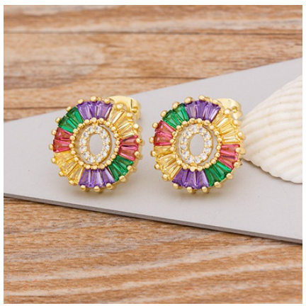 Colorful Choice 26 Initial Letters Earrings Cute Alphabet Copper CZ A-Z Rainbow Stud Earrings Name Jewelry O
