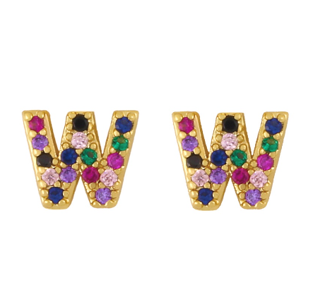 New European and American Fashion Gold 26 Letters Colorful Zircon Alphabet Stud Earrings Women Jewelry Gifts W