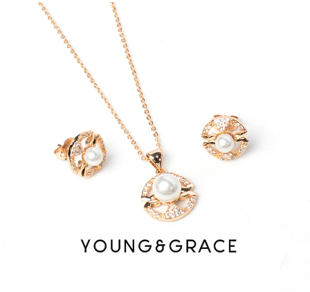 Young & Grace Rose Gold Plated Pearl Earrings Diamond Pearl Jewelry Sets For Women Necklace Non Fade