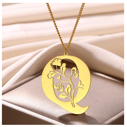 Beauty Flower A-Z Letter Necklaces for Women Men Stainless Steels Flower Initial Pendant Necklace Q