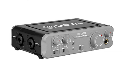 Boya BY-AM1 Dual-Channel Audio Interface 48V Phantom Power 6.35mm/XLR Inputs for Guitarist Vocalist Podcaster Producer