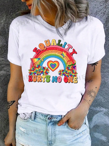 SHEIN LUNE Women's Summer Casual Graphic Tee; Short Sleeve T-Shirt With Slogan And Rainbow Print, Round Neck