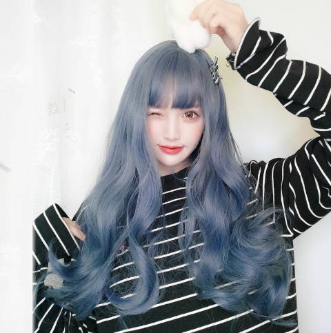 Woman Wig Long Curly Hair Haze Blue Big Wave Temperament Full Headgear Wig