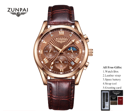 ZUNPAI Watch for Men Original Waterproof Leather Strap Unisilver Gold Business Sun Moon Star Multifunction Calendar Luminous Watch ROSEGOLD