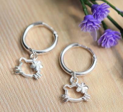 Italy Sterling Silver Kitty Hoop Loop Dangling Earring