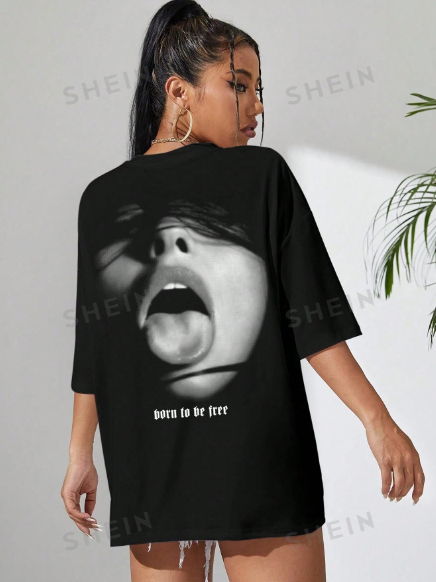 SHEIN EZwear Plus Size Women's Summer Casual T-Shirt With Slogan & Character Print, Round Neck Short Sleeve, Graphic Tees