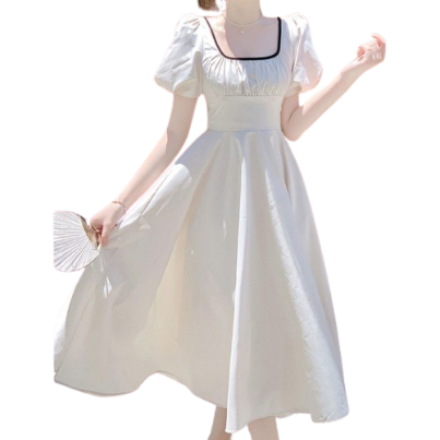 Lovito Women Contrast Binding Pleated Dress LNA37039 (White)