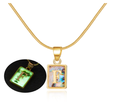 18K Gold 26 Letter Square Colorful Nightlight Pendant Snake Bone Chain Necklace English Letter Pendant Necklace F