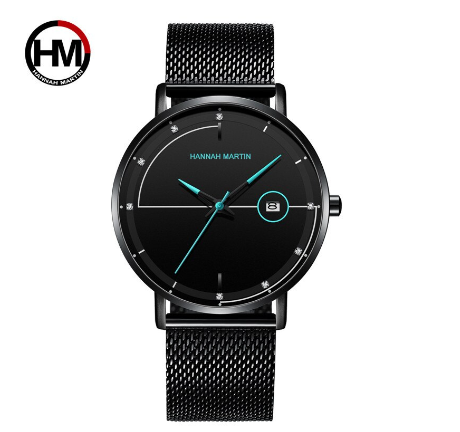 Hannah Martin Mens Watch Simple Design Quartz Watches Stainless Steel Mesh Ultra-Thin Calendar Wristwatch BLUE