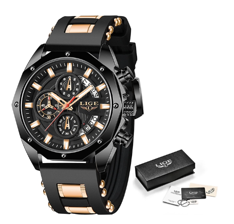LIGE Multi Function Watch Men Silicon Strap Chronograph Date Waterproof Sports Wrist Watch ALL BLACK