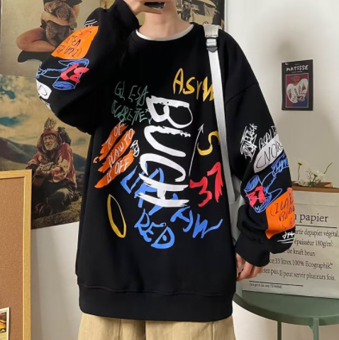 Men's Round Neck Sweatshirt Autumn Loose Pullover Graffiti Printed Black Long-Sleeved Top