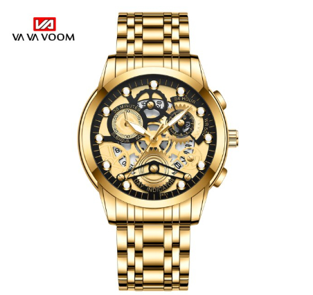 VA VA VOOM Original Watch for Men's Waterproof Stainless Steel Quartz Watches Fashion Business Date Wristwatch GOLD BLACK