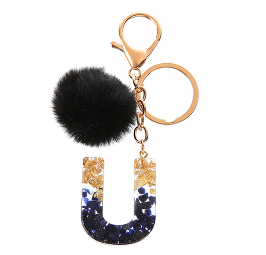 New Black Pompom 26 English Alphabet Resin With Gold Foil Keychain Charms Exquisite Letter Keyring U
