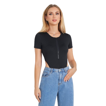 Lovito Women Casual Plain Zipper Bodysuit LBE04089 (Black)