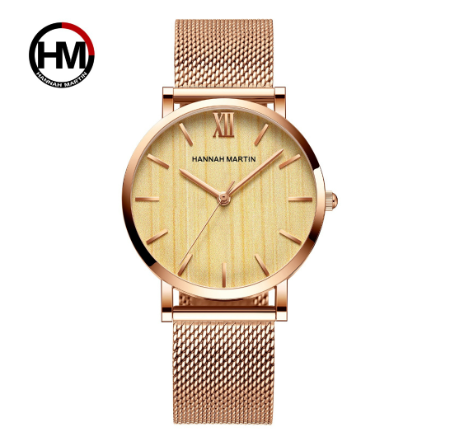 Hannah Martin Watch for Women Japan Movement Quartz Watches Waterproof Imitation Wood Grain Wristwatch YELLOW