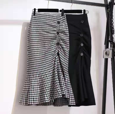 Summer Thin Fishtail Skirt Mid-Length Tartan Skirt wrap Hip Skirt High Waist Slimming Slit Skirt