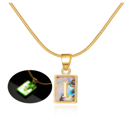 18K Gold 26 Letter Square Colorful Nightlight Pendant Snake Bone Chain Necklace English Letter Pendant Necklace I