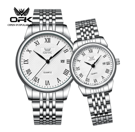 OPK Couple Watch Waterproof Original Watch WHITE DIAL SILVER CASE STRAP
