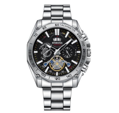 Binbond Fashion Luminous Calendar Luxury Waterproof Stainless Steel Student Watch Men's Tourbillon Gift Steel Band Three Eyes Six Hands Watch m6