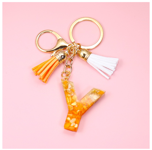 Tassel Gold Foil A-Z 26 Letter Pendent Keychain for Women Orange Resin Keyrings Girls Bag Ornamant Accessories Charms Gifts Y