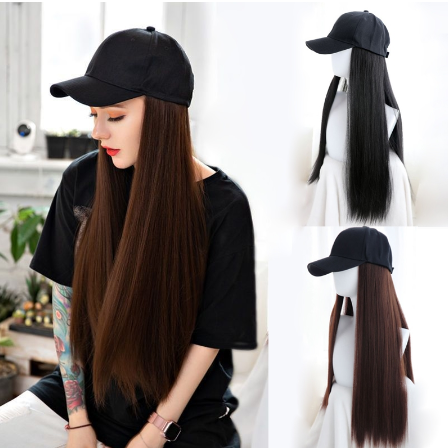 Baseball Cap with 24"/60CM Synthetic Hair Extensions Black Hat Straight Long Natural Hair Women Wigs