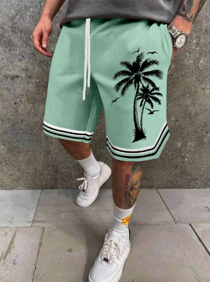 Manfinity Chillmode Men's Palm Tree Striped Print Drawstring Waist Loose Casual Shorts (Irregular Hem)