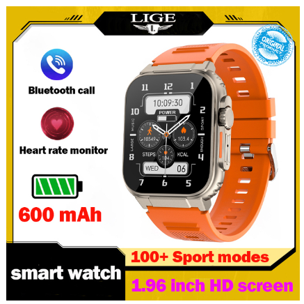 LIGE Call Smart Watch Men 1.96 Inch Full Touch 600mAh Battery Watch Sport Waterproof Fitness Support Recording Connect Music Watch SILICONE ORANGE