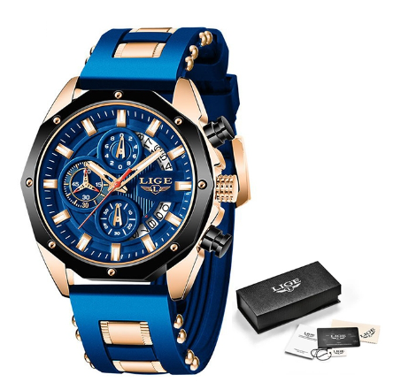 LIGE Multi Function Watch Men Silicon Strap Chronograph Date Waterproof Sports Wrist Watch BLACK GOLD